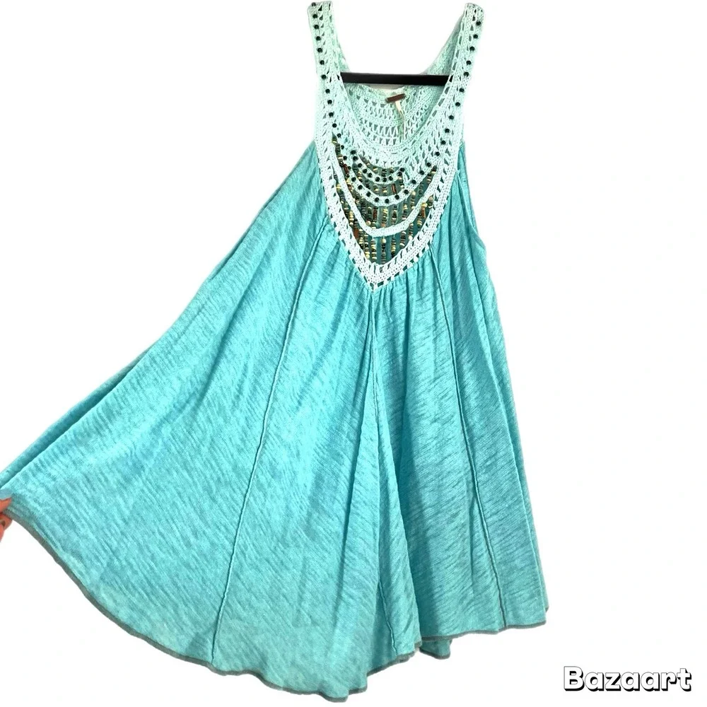 RARE Free People Crochet Beaded Neck Swing Tunic Tank Top Blouse Aqua Blue XS